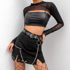 Sexy Black Goth Punk Demin Metal Chain Patchwork High Waisted Mini Skirt Zipper Split A-line E-Girl Kawaii Korean Japanese Harajuku Retro Streetwear