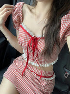 2PCS Red Plaid Crop Top + Mini Skirt