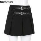 Cute Goth Dark Grunge Punk Pleated High Waisted Rivet Patchwork Mini Skirt Bottoms E-Girl Kawaii Korean Japanese Harajuku Streetwear