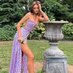 Purple Floral Ruched Satin Slip Maxi Dress