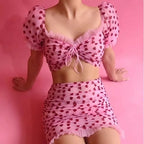 2PCS Sweet Pink Glitter Heart Crop Top + Mini Skirt