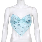 Cute Pink Blue Flower Print Mesh Halter Crop Top Blouse Sleeveless Shirt Club Party Summer Casual E-Girl Kawaii Korean Japanese Harajuku Streetwear