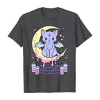 Cute Pastel Black Cat Witch Magic Moon Print Short Sleeve T-shirt Goth Punk Aesthetic Casual E-Girl Kawaii Korean Japanese Harajuku