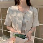 Heart Button Tweed Short Sleeve Blouse