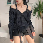 Cute Black Vertical Stripe Buckle Off Shoulder Long Sleeve Shirt Blouse Aesthetic Casual E-Girl Kawaii Korean Japanese Harajuku
