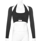 Cute Sexy 2pcs Set Black Halter Crop Top Tank Buckle Long Sleeve T-shirt Tracksuit Summer Aesthetic Casual E-Girl Kawaii Korean Japanese Harajuku