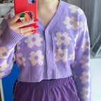 Cute Vintage 90s Purple Pink Flowers Cardigan Long Sleeve Shirt Top V Neck Sweater Jumper Aesthetic E-Girl Kawaii Korean Japanese Harajuku Streetwear