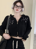 Black Hollow Out Cropped Zipper Jacket