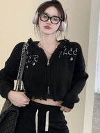 Black Hollow Out Cropped Zipper Jacket