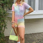 Pastel Rainbow Tie Dye Knit Short Sleeve Playsuit Romper Overall Summer Aesthetic Casual E-Girl Kawaii Korean Japanese Harajuku