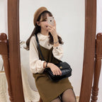 Cute 2pcs Summer Preppy White Ruffle Peterpam Collar Black Vintage V Dress E-Girl Kawaii Korean Japanese Harajuku Retro Streetwear