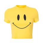 Cute Yellow Happy Smile Face Cartoon Print Short Sleeve Shirt Crop Top Summer Aesthetic Casual E-Girl Kawaii Korean Japanese Harajuku