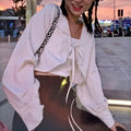 Cute Sweet White Lace Up Loose Cropped Long Sleeve Shirt Cardigan Pullover Aesthetic Casual Summer E-Girl Kawaii Korean Japanese Harajuku
