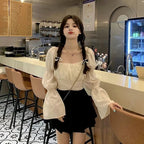 Cute Pink Back Puff Sleeve French Bow Bandage Long Sleeve Shirt Blouse Crop Top Square Neck Aesthetic Casual E-Girl Kawaii Korean Japanese Harajuku