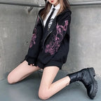 Black Skull Sword Print Zip Up Hoodie