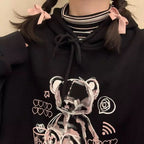 Cute Black Bear Cartoon Print Loose Long Sleeve Hoodie Sweatshirt Sweater Pullover Jumper Punk Goth E-Girl Kawaii Korean Japanese Harajuku Streetwear