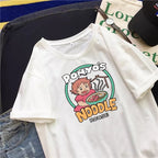 Vintage Anime Ramen Noodle Cartoon Print Loose White Short Sleeve Short T-shirt Top Causal Summer E-Girl Kawaii Korean Japanese Harajuku Streetwear