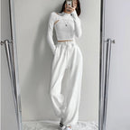 Cute 2pcs K-pop Black White Hollow Knit Long Sleeve Shirt Crop Top Fitness Streetwear Summer Aesthetic Casual E-Girl Kawaii Korean Japanese Harajuku