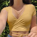 Cute Sexy Solid Color V Neck Tie Up Short Sleeve Crop Top T-shirt Summer Basics E-Girl Kawaii Korean Japanese Harajuku Streetwear