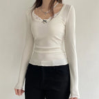 White Lace Bow Long Sleeve Crop Top