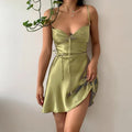 Green Satin Waist Tie Dress