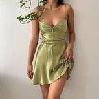 Green Satin Waist Tie Dress