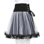 Sexy Goth Dark Punk Mesh A Line Skirt Lace Up Patchwork Ribbon Lace Trim High Waisted Summer Casual E-Girl Kawaii Korean Japanese Harajuku Streetwear