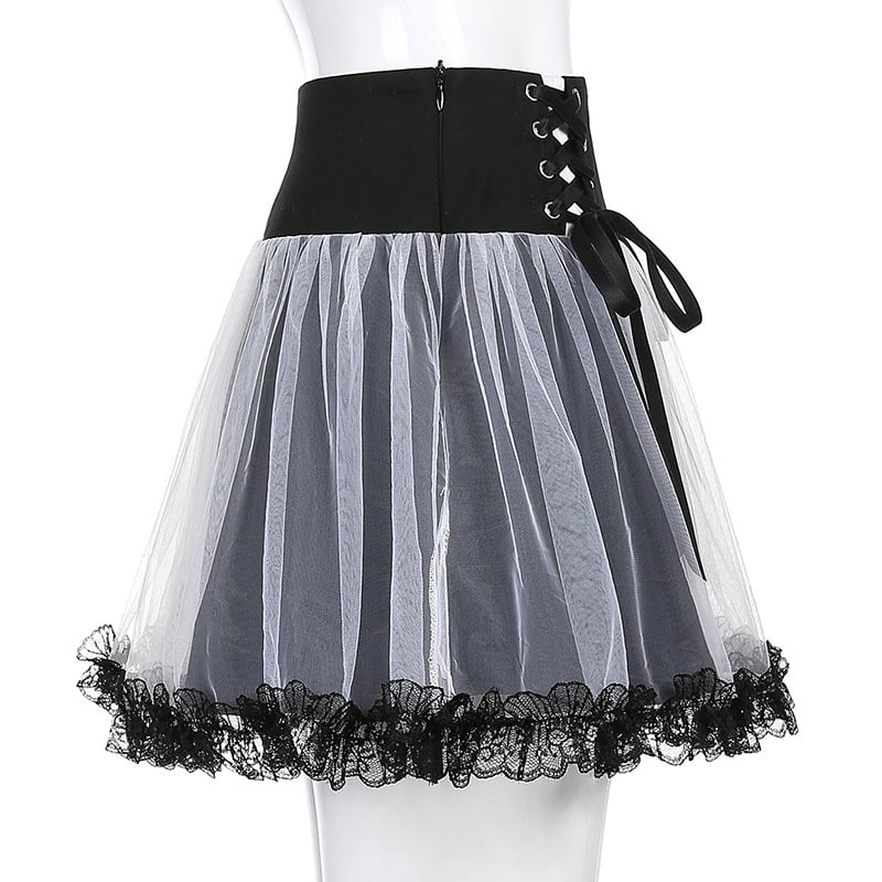 Sexy Goth Dark Punk Mesh A Line Skirt Lace Up Patchwork Ribbon Lace Trim High Waisted Summer Casual E-Girl Kawaii Korean Japanese Harajuku Streetwear