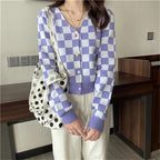 Purple Color Block Heart Button V Neck Sweater