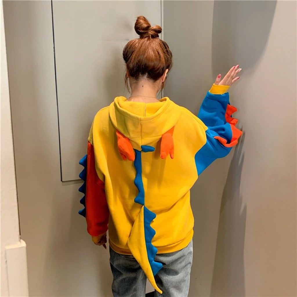 Dinosaur Colourful Cartoon Casual Loose Oversized Hoodie Sweater Sweatshirt Long Sleeve Pullover E-Girl Kawaii Korean Japanese Harajuku Streetwear