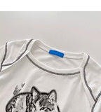Cat Cartoon Graphic Print Short Sleeve Shirt Crop Top Summer Aesthetic Casual E-Girl Kawaii Korean Japanese Harajuku