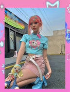 Cute Pink Love Heart Skull Print Short Sleeve T-shirt Crop Top Summer Casual Goth Punk E-Girl Kawaii Korean Japanese Harajuku Streetwear