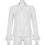 White Button Down Long Sleeve Flare Blouse