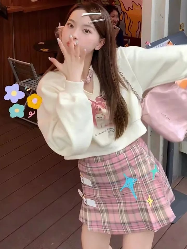 Kawaii Animal Print Cropped Sweatshirt