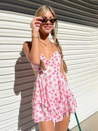 Pink Floral V Neck Mini Dress