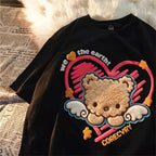 Cute Plush Bear Angel Love Heart Print Sleeveless Short Sleeve Shirt Top Aesthetic Casual E-Girl Kawaii Korean Japanese Harajuku
