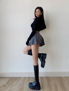 Grey Split Pleated Mini Skirt