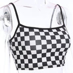 Cute Sexy Black White Checkered Plaid Tank Cami Crop Top Shirt Tee T-shirt E-Girl Kawaii Korean Japanese Harajuku Chinese Retro Streetwear Aesthetic