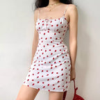 Cute White Strawberry Print Spaghetti Strap Sleeveless Mini Dress Beach Party Summer Aesthetic Casual E-Girl Kawaii Korean Japanese Harajuku