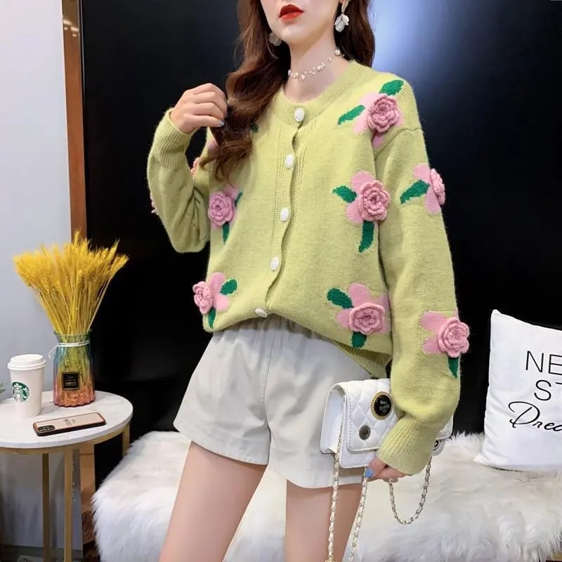 Rose Embroidery Button Up Cardigan