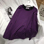 Cute Casual Stripe Round Neck Long Sleeve Tee Shirt T-shirt Top Plus Oversized Baggy E-Girl Kawaii Korean Japanese Harajuku Retro Streetwear