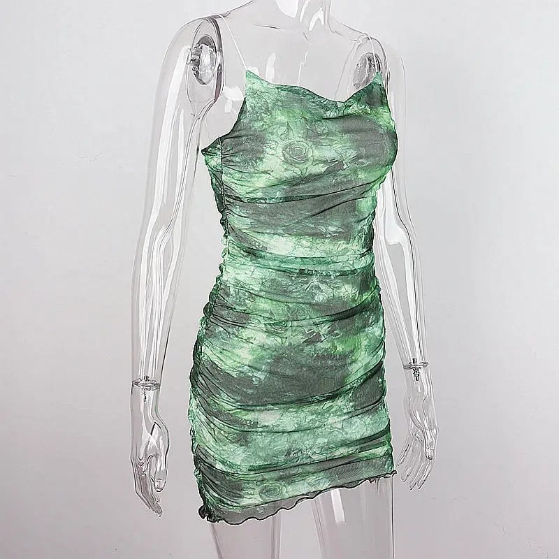 Green Mesh Spaghetti Strap Mini Dress