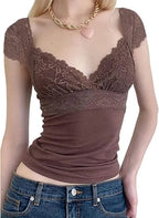 Brown Lace Trim Short Sleeve Shirt