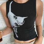 Black Cat Graphic Print Crop Top