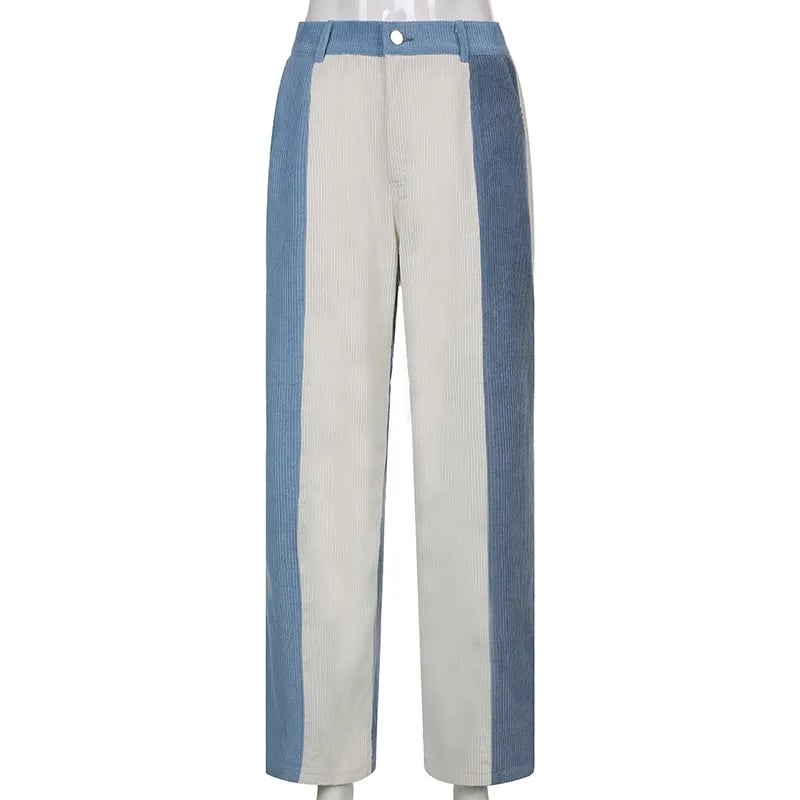 Blue Patchwork Corduroy High Waist Trousers