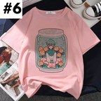 Cute Pastel Pink Strawberry Peach Juice Cartoon Print Loose Short Sleeve Shirt Aesthetic Casual E-Girl Kawaii Korean Japanese Harajuku
