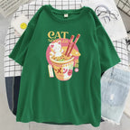 Cute Cat Noodle Ramen Graphic Cartoon Print Loose Short Sleeve T-shirt Aesthetic Casual Summer E-Girl Kawaii Korean Japanese Harajuku