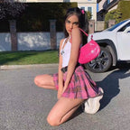 Cute Pink Plaid Checkered Pleated High Waisted Mini Skirt A-line Chic Goth Punk Club E-Girl Kawaii Korean Japanese Harajuku Streetwear