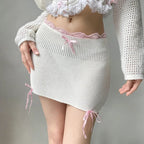White Knit Bow Ribbed Trim Low Waist Mini Skirt