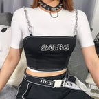 Sexy Black Goth Punk Letter Print Metal Chain Camisole Tank Crop Top Shirt Summer E-Girl Kawaii Korean Japanese Harajuku Retro Streetwear